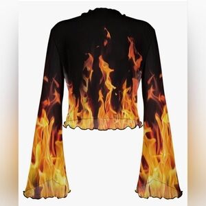 Flame fire 70s Womens Bell Sleeve Top Floral Tops for Women Mock Neck F